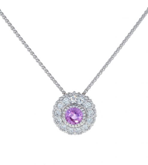 Kristopher Mark Pink Sapphire & Diamond Milgrain Cluster Pendant