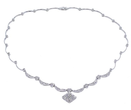 14k White Gold Square Design Diamond Drop & Diamond Link Necklace