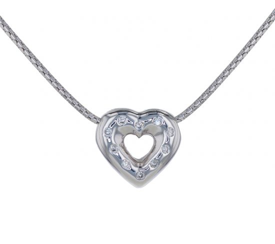 14k White Gold Diamond Heart Slide on Drawn Birdcage Chain