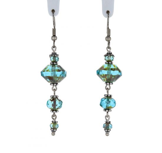 Palpitations Artisan Glass Dangle Earrings with Aqua Rondelles and Pewter Accents