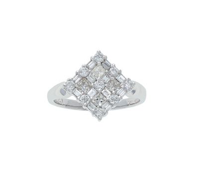 14K White Gold Round, Baguette & Princess Diamond Cluster Fashion Ring