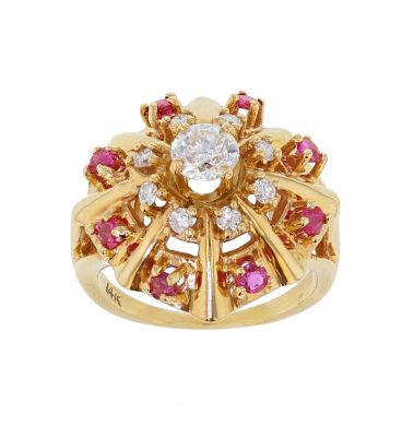 14K Yellow Gold Vintage Diamond & Ruby Ring