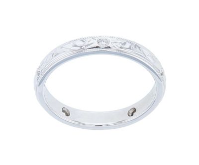 14K White Gold Engraved Diamond Band