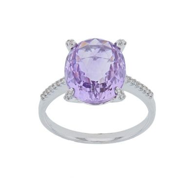 14k White Gold Checker Board Amethyst & Diamond Ring