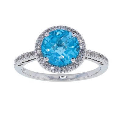 14k White Gold Checkerboard Cut Round Swiss Blue Topaz & Diamond Ring