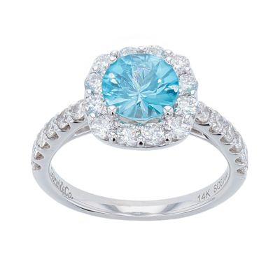 14k White Gold Blue Zircon & Diamond Halo Style Ring