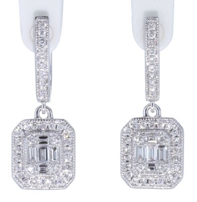 14k White Gold Baguette & Round Diamond Dangle Earrings