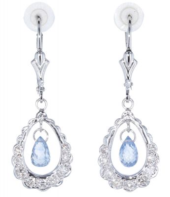 14k White Gold Baby Blue Briolette Sapphire & Diamond Earrings