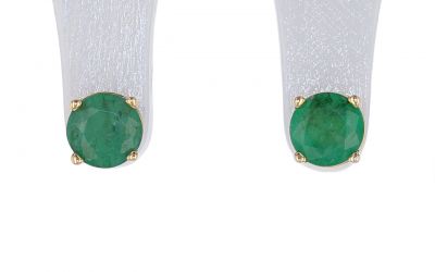 14k Yellow Gold Round Emerald Basket Style Four Prong Stud Earrings