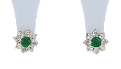 14k Yellow Gold Emerald and Diamond Halo Style Stud Earrings