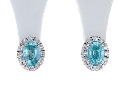 14K White Oval Blue Zircon 1/3 CTW Diamond Semi-Set Earrings