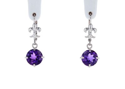 14K White Gold Round Amethyst Scroll Dangle Earrings
