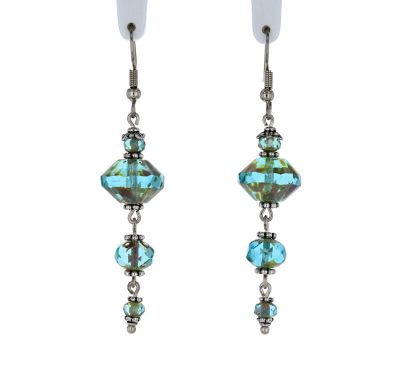 Palpitations Artisan Glass Dangle Earrings with Aqua Rondelles and Pewter Accents