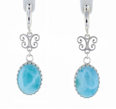Sterling Silver Larimar Cabochon & Scroll Hinged Hoop Earrings