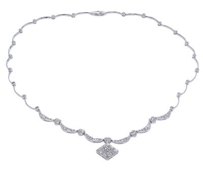 14k White Gold Square Design Diamond Drop & Diamond Link Necklace