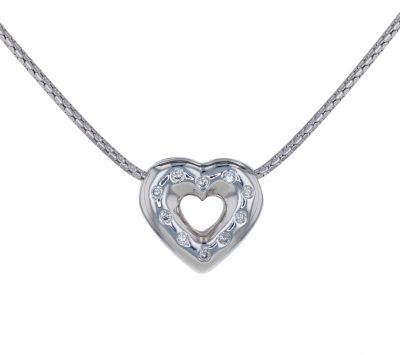 14k White Gold Diamond Heart Slide on Drawn Birdcage Chain