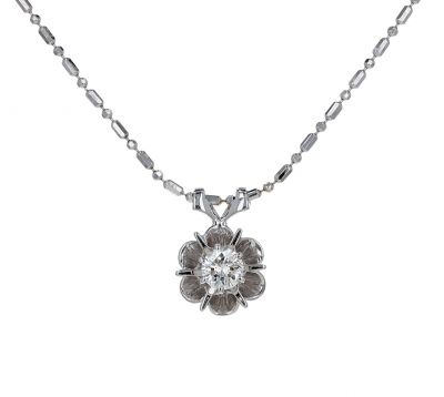 14K White Gold Diamond Solitaire Buttercup Pendant Necklace