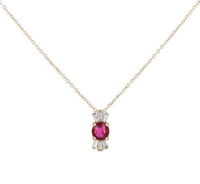 14K Yellow Gold Ruby & Baguette Diamond Necklace
