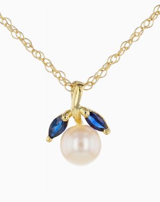 14k Yellow Gold Pearl and Marquise Sapphire Pendant with Rope Chain