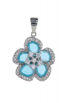 Sterling Silver Baby Blue & White Cubic Zirconia Flower Pendant 
