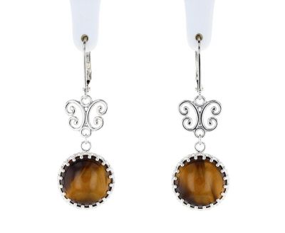 Sterling Silver Tigers Eye & Scroll Hinged Hoop Earrings