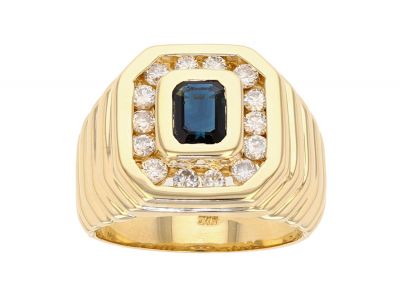 14K Yellow Gold Blue Sapphire and Diamond Gents Ring