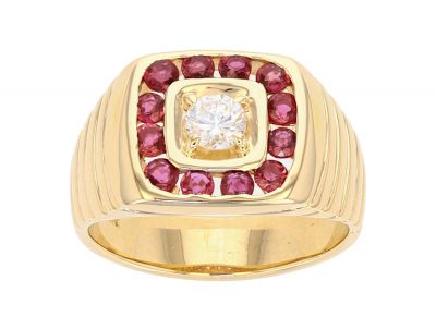 14K Yellow Gold Diamond and Ruby Gents Ring