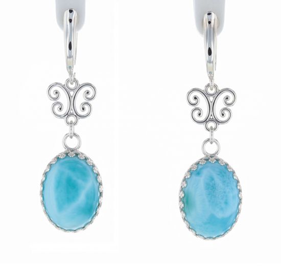 Sterling Silver Larimar Cabochon & Scroll Hinged Hoop Earrings