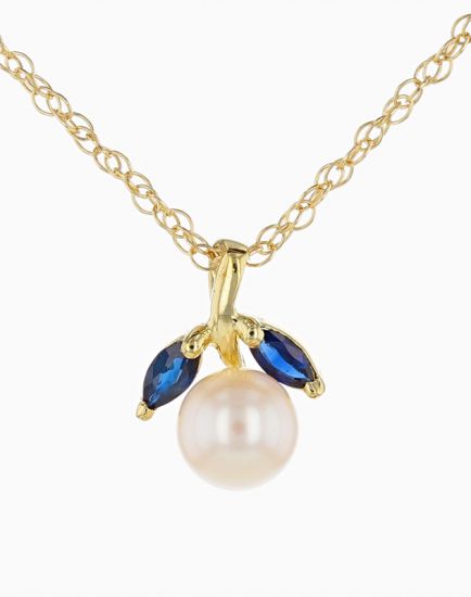 14k Yellow Gold Pearl and Marquise Sapphire Pendant with Rope Chain
