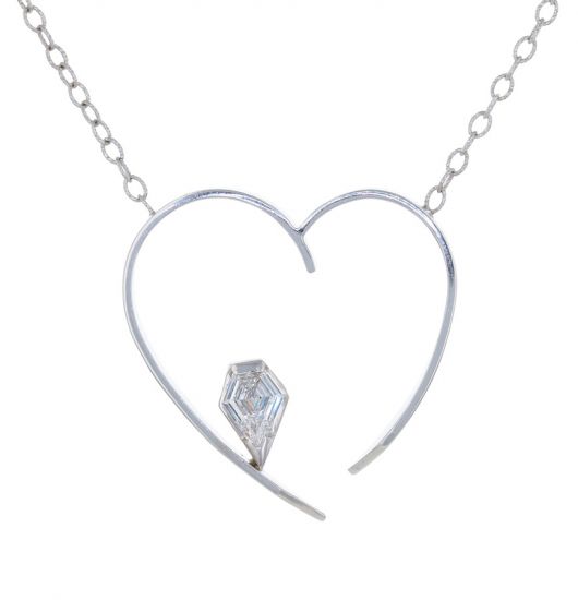 14K White Gold Kite Shape Diamond Open Heart Necklace