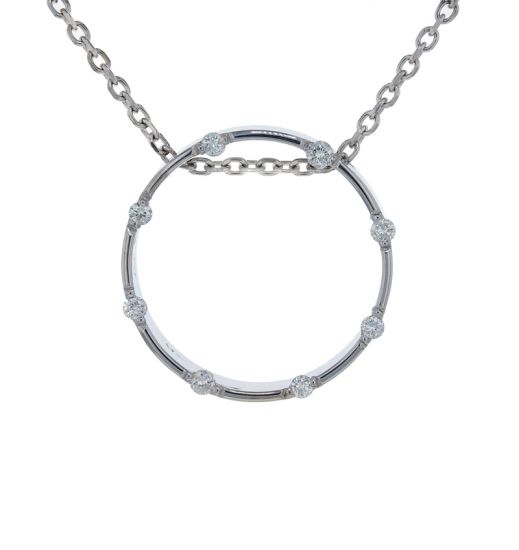 14k White Gold Diamond Circle Pendant w/ Diamond Cut Cable Chain