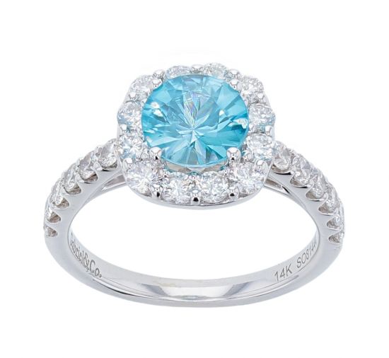 14k White Gold Blue Zircon & Diamond Halo Style Ring