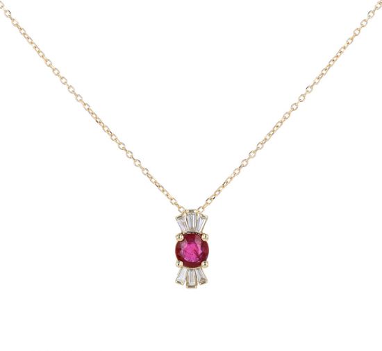 14K Yellow Gold Ruby & Baguette Diamond Necklace