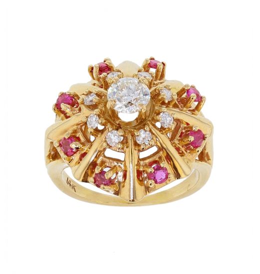 14K Yellow Gold Vintage Diamond & Ruby Ring